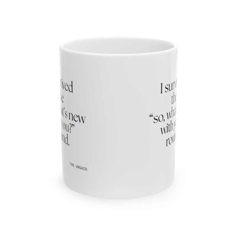 Coffee Mug — I survived the “so, what’s new with you?” round.